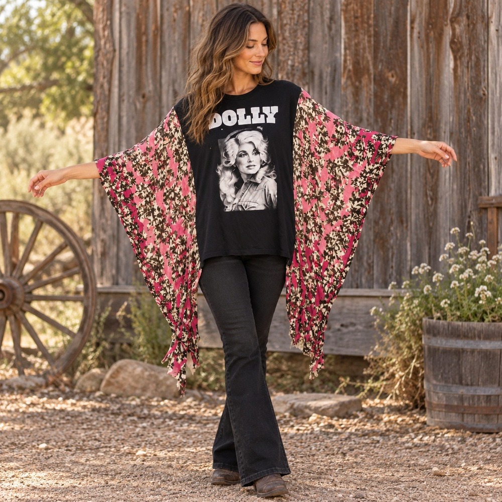 Upcycled Dolly Parton Pink Floral Wing Top One Size Boho Western Festival
